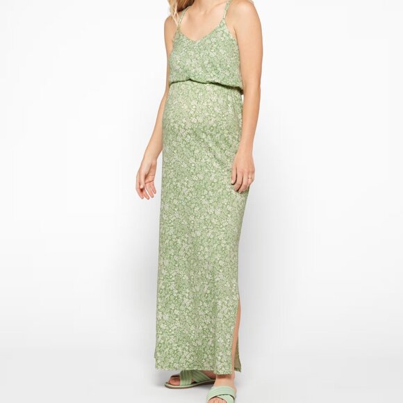 Maternity Knit Maxi Dress, Light Green, Floral Print - Picture 1 of 7